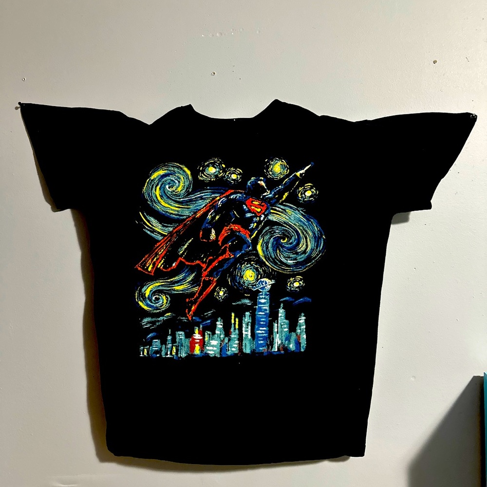 Mens XL DC Comics SuperMan Starry Night black T shirt in good condition.